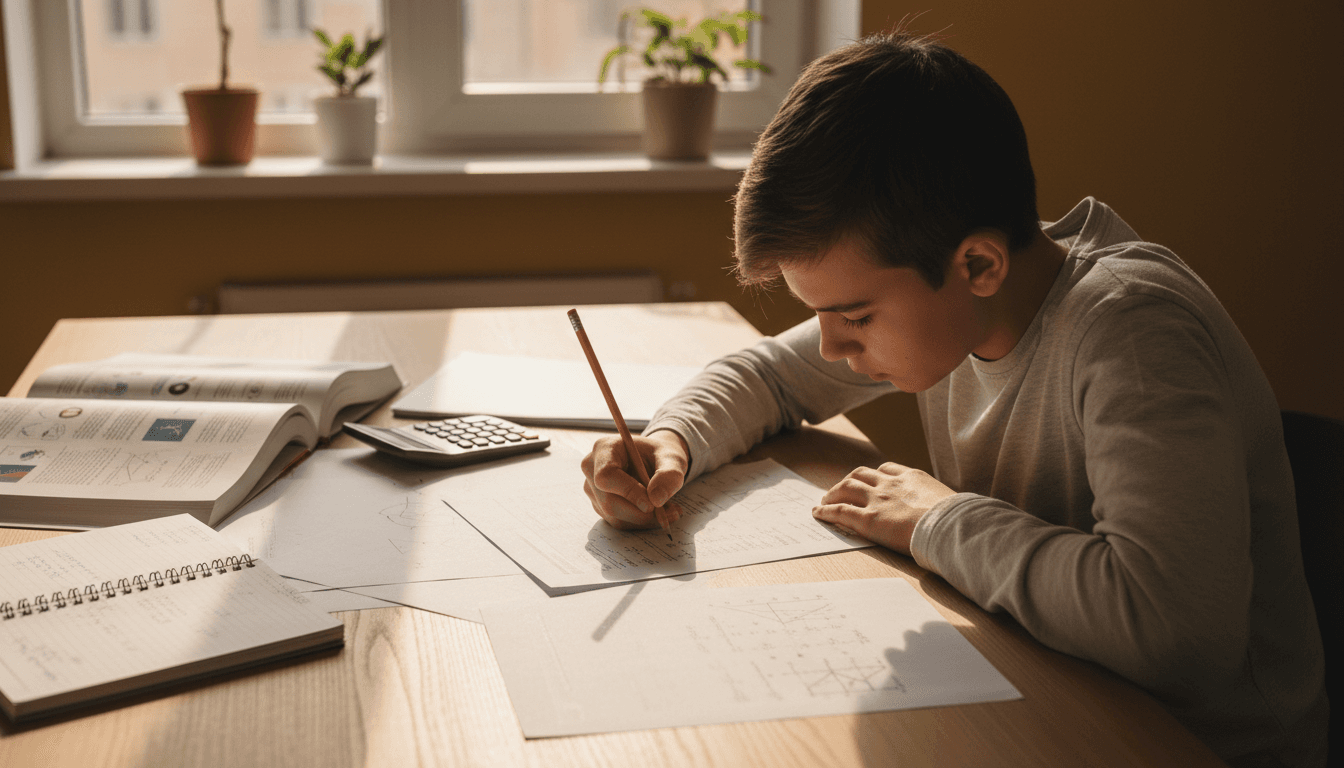 Student working through math problems with focused concentration during a tutoring session