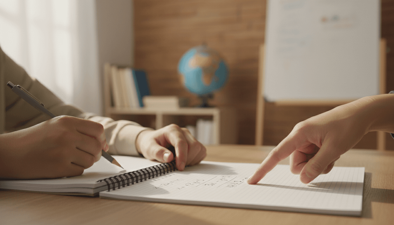 Student and tutor working through a math problem together at a wooden desk with natural daylight