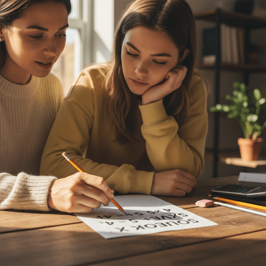 Tutor explaining math concept to student at desk