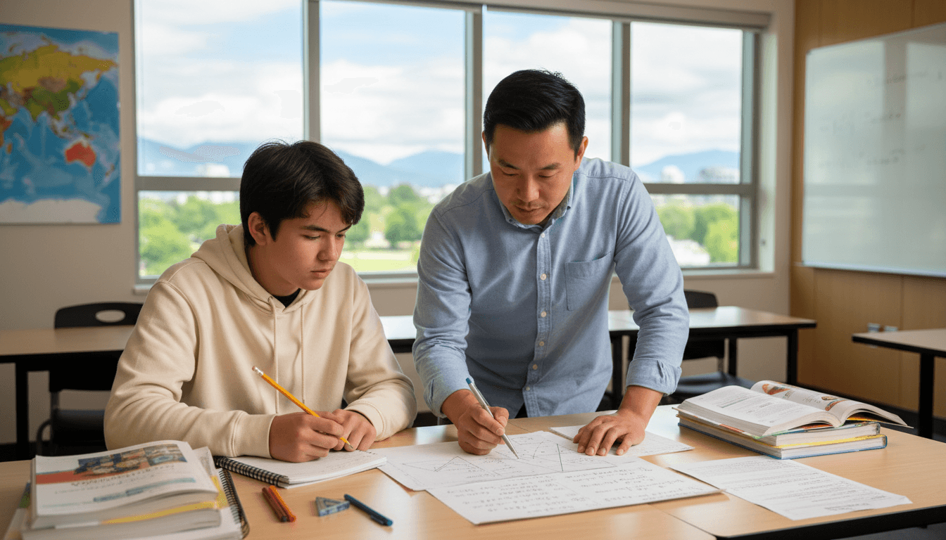 Math tutor working one-on-one with a student at a desk in Vancouver